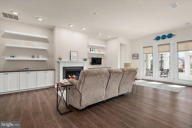 living room with dark wood-type flooring and built in features