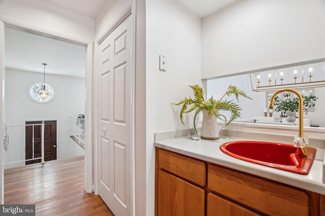 bathroom featuring vanity and hardwood / wood-style floors