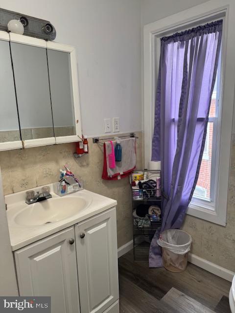 bathroom featuring hardwood / wood-style floors and vanity