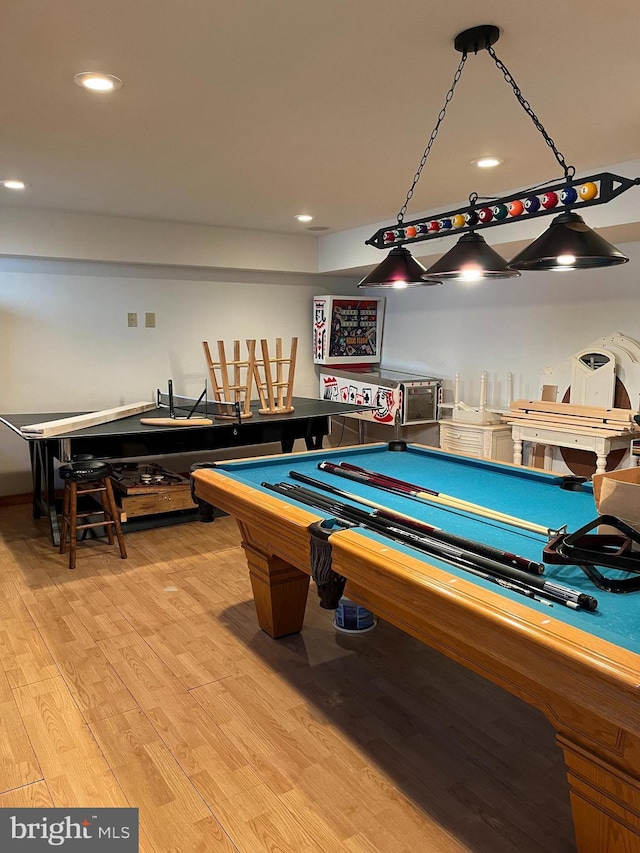 game room featuring light wood-type flooring and billiards