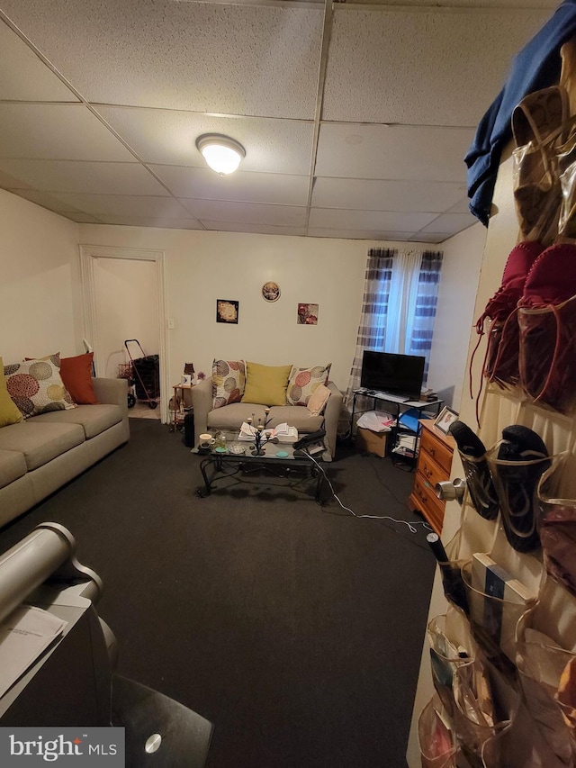 living room with carpet floors and a drop ceiling