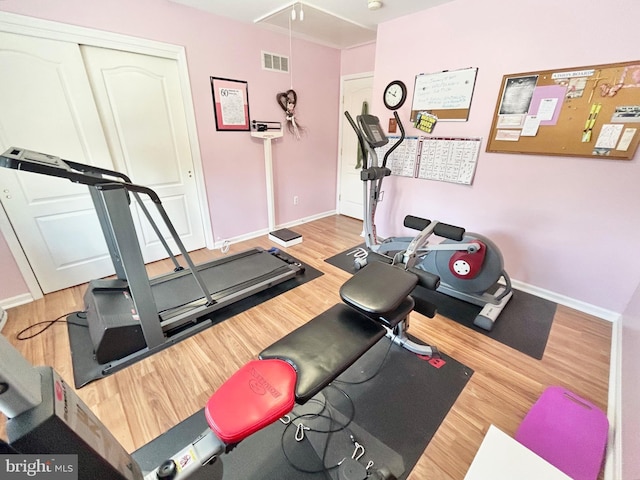 exercise room featuring light hardwood / wood-style flooring