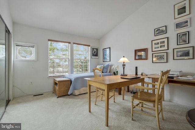 carpeted office space featuring lofted ceiling