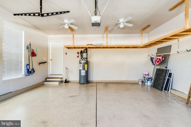 garage with a garage door opener, electric water heater, and ceiling fan