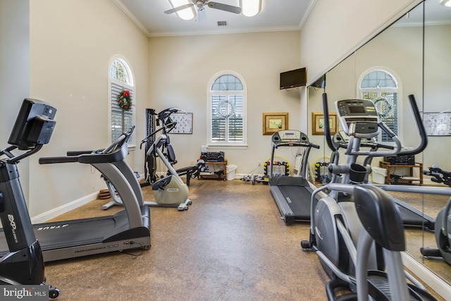 exercise area with ornamental molding and ceiling fan