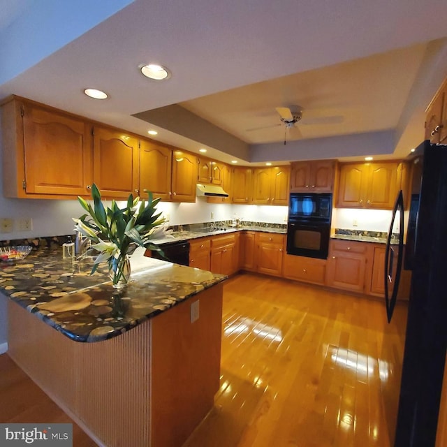 kitchen featuring dark stone counters, a raised ceiling, ceiling fan, black appliances, and light hardwood / wood-style flooring