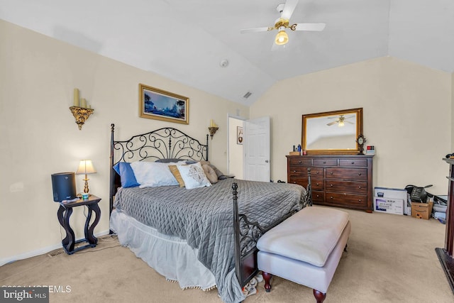 bedroom with light carpet, vaulted ceiling, and ceiling fan