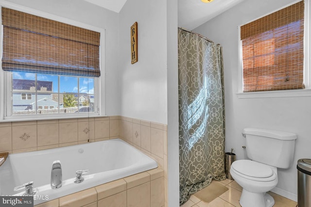 bathroom with tile patterned flooring, plus walk in shower, and toilet