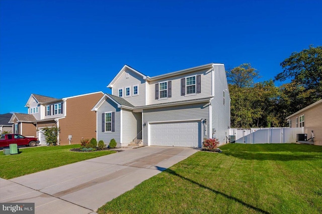 front of property with a garage, central air condition unit, and a front yard