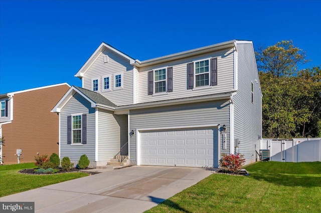 view of front facade featuring a garage, central air condition unit, and a front yard