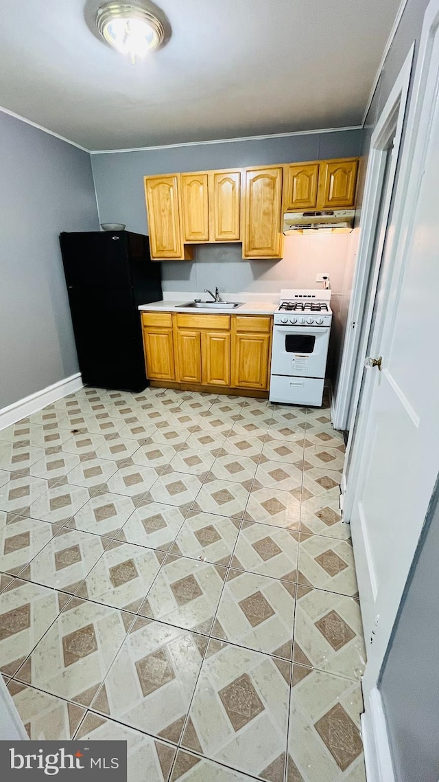 kitchen with white range with gas cooktop, black refrigerator, and sink