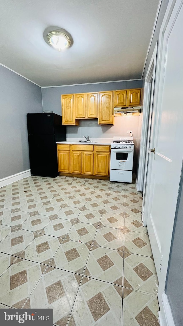 kitchen featuring black refrigerator, white range, and sink