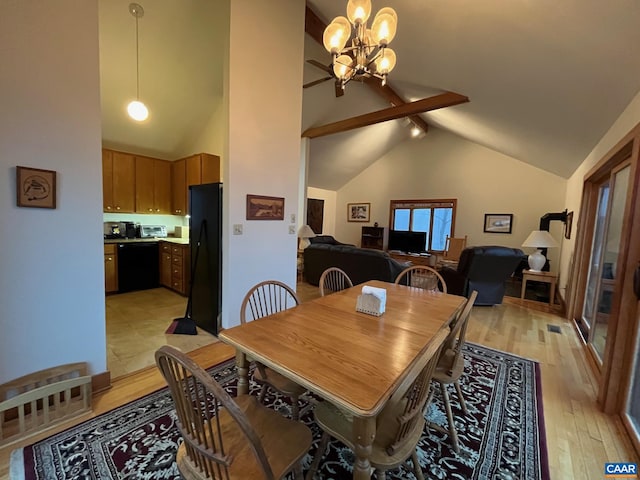 dining space with beamed ceiling, high vaulted ceiling, a chandelier, and light hardwood / wood-style floors