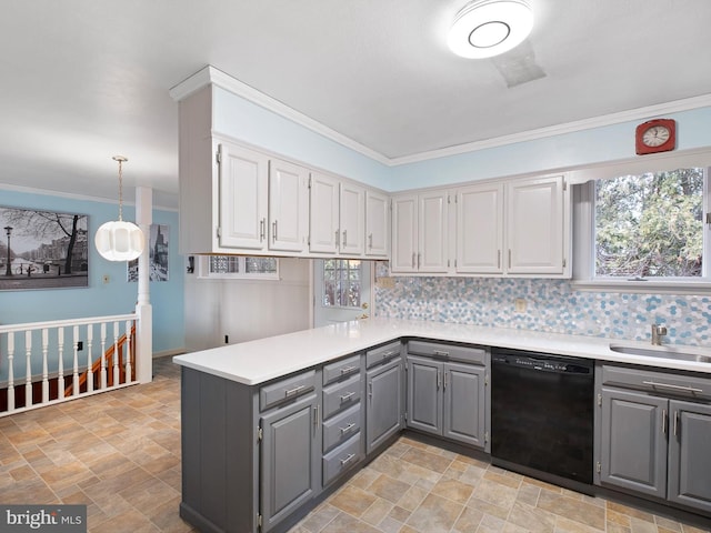 kitchen featuring kitchen peninsula, gray cabinetry, sink, dishwasher, and hanging light fixtures