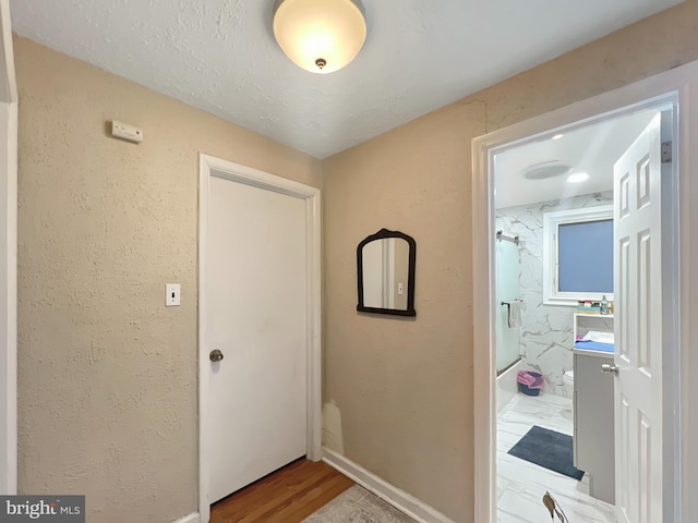 hallway with hardwood / wood-style floors