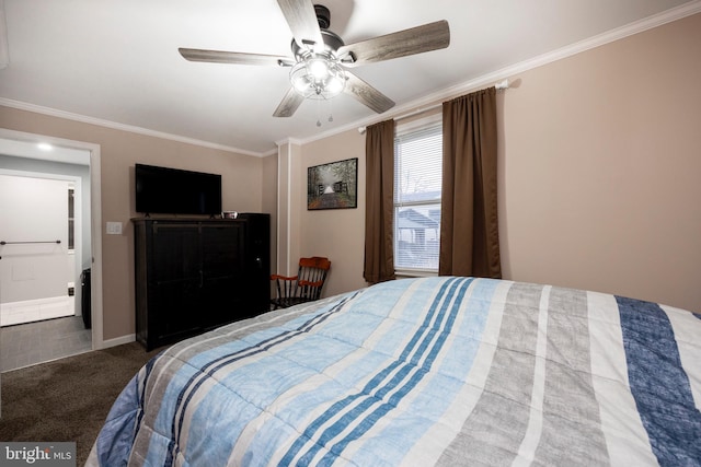 bedroom with dark carpet, a ceiling fan, and crown molding