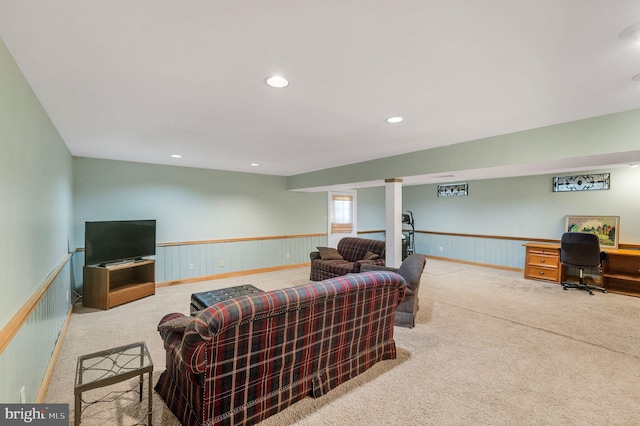 living room featuring light carpet