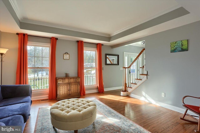 living room featuring light wood-type flooring, a wealth of natural light, and a tray ceiling