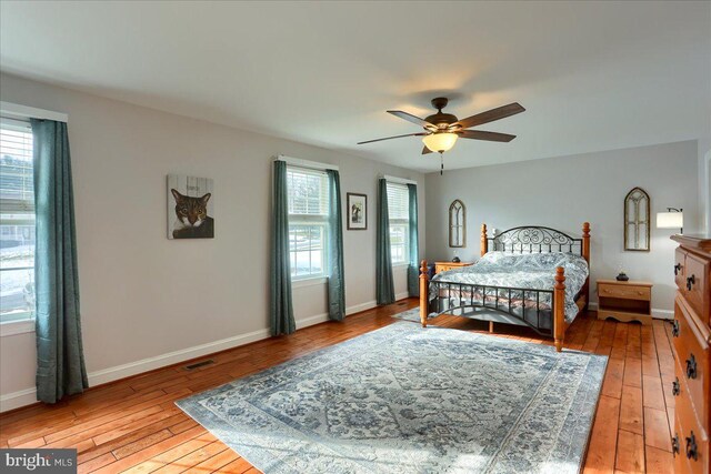 bedroom featuring ceiling fan and light wood-type flooring