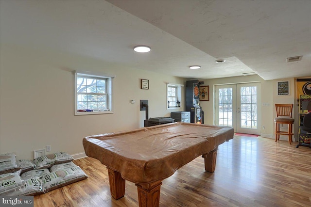 recreation room with wood-type flooring, pool table, and french doors