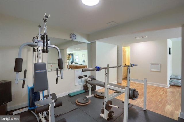 exercise room featuring wood-type flooring