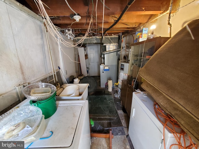 clothes washing area with heating unit, water heater, and washer / dryer