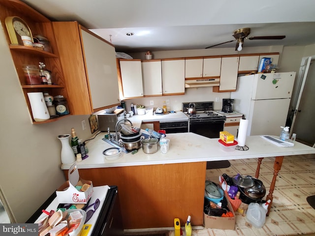 kitchen featuring white cabinets, ceiling fan, black / electric stove, white fridge, and kitchen peninsula