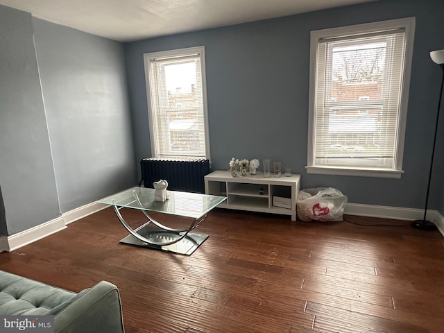 miscellaneous room featuring radiator heating unit and dark hardwood / wood-style flooring