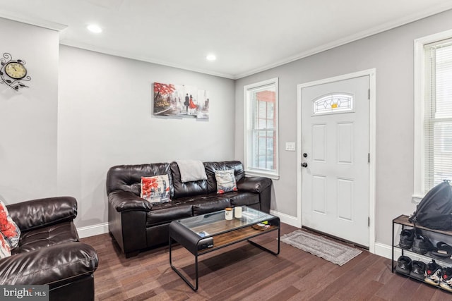 living room with dark hardwood / wood-style flooring and crown molding