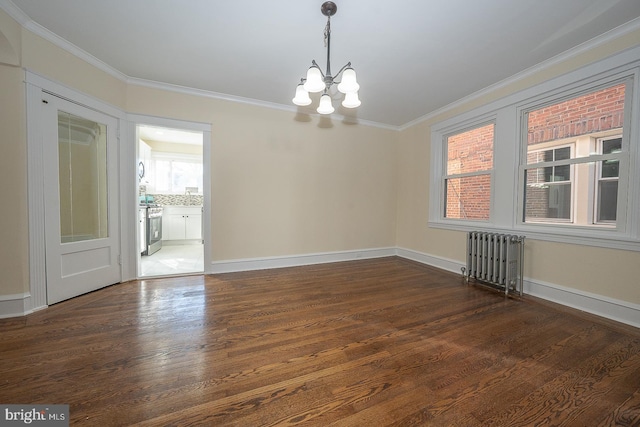 empty room with an inviting chandelier, radiator, dark wood-type flooring, and crown molding