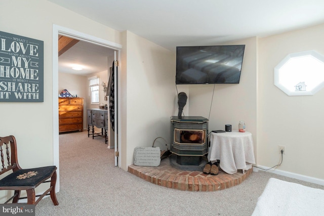 living room featuring carpet and a wood stove