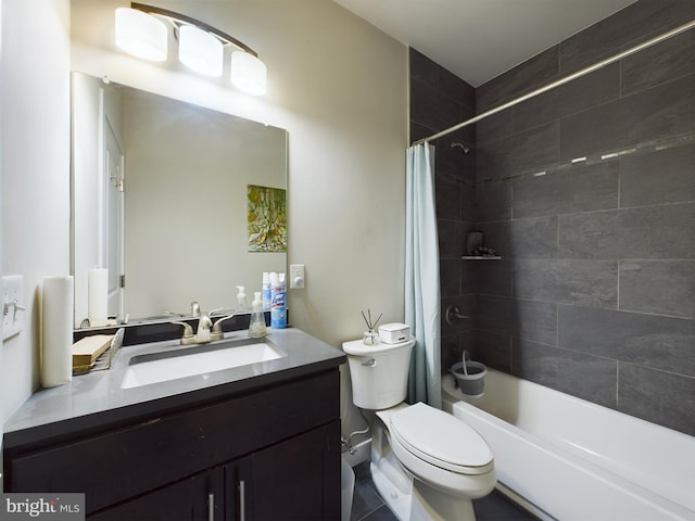 full bathroom featuring shower / bath combination with curtain, toilet, and vanity