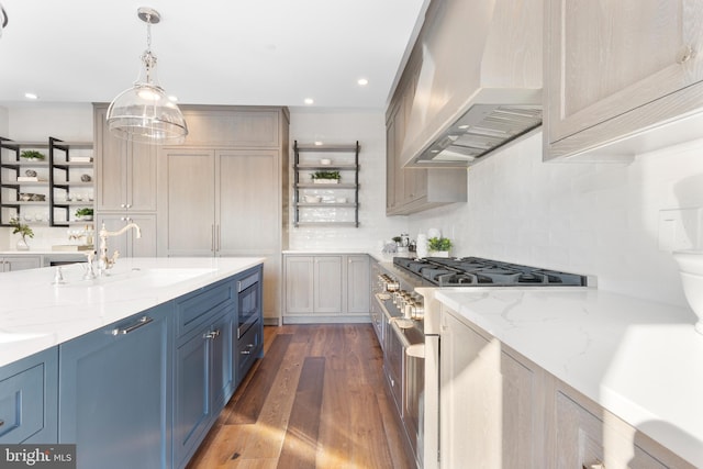 kitchen with dark wood-style floors, custom exhaust hood, stainless steel appliances, open shelves, and a sink