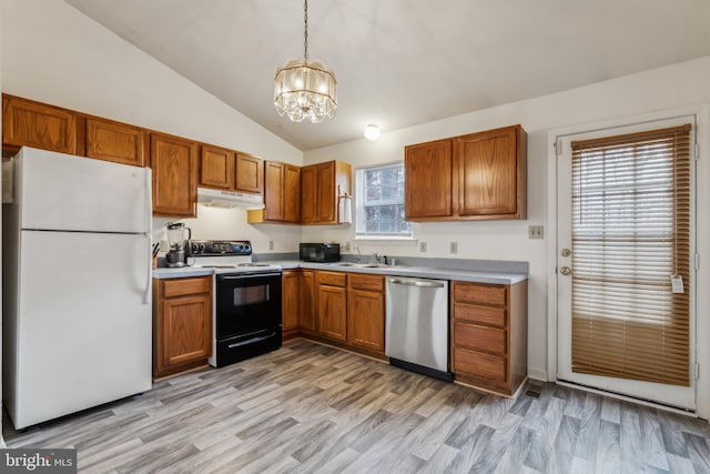 kitchen featuring dishwasher, hanging light fixtures, vaulted ceiling, range with electric stovetop, and white fridge