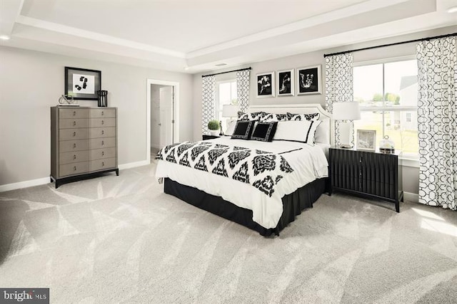 carpeted bedroom with radiator heating unit and a tray ceiling