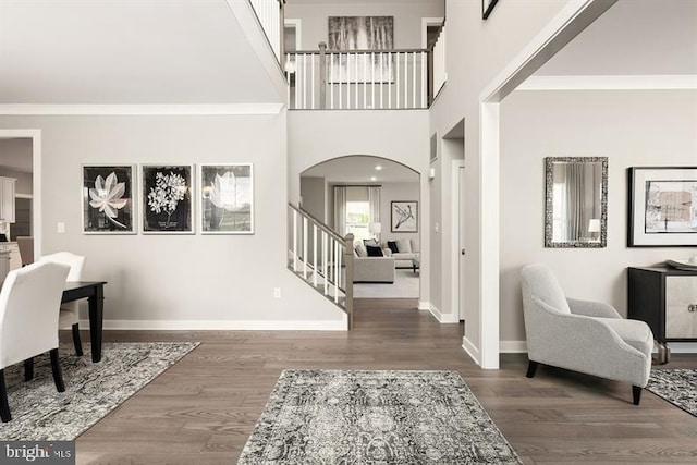 foyer featuring crown molding, a towering ceiling, and dark wood-type flooring