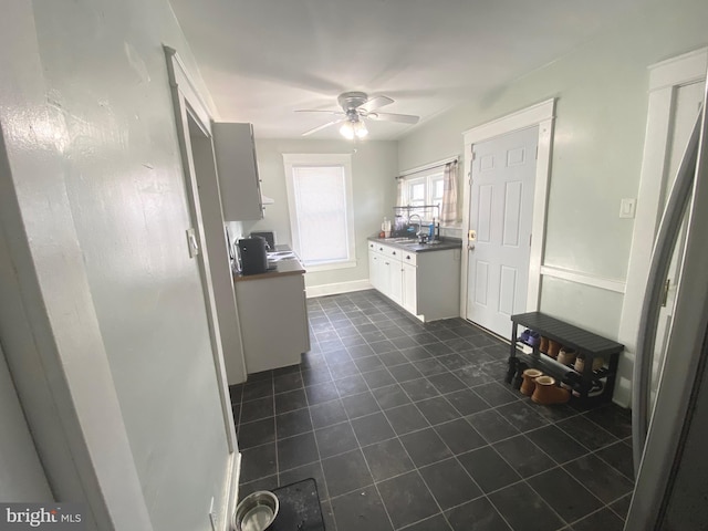 kitchen with white cabinetry, ceiling fan, and sink