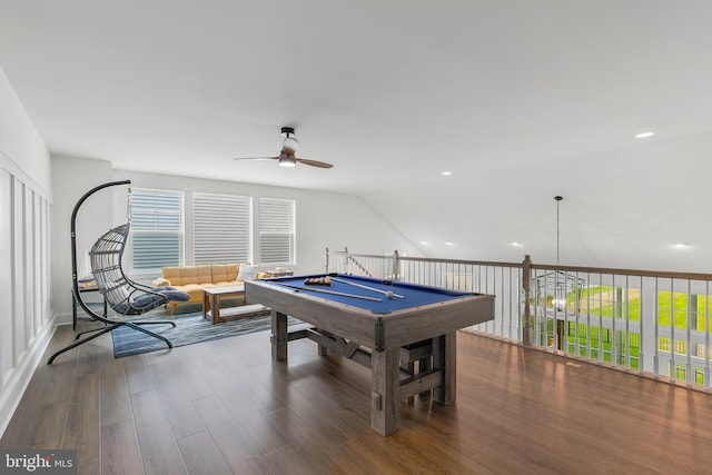 rec room featuring lofted ceiling, ceiling fan, dark hardwood / wood-style floors, and pool table