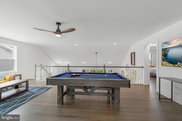 game room with ceiling fan, dark hardwood / wood-style flooring, vaulted ceiling, and pool table