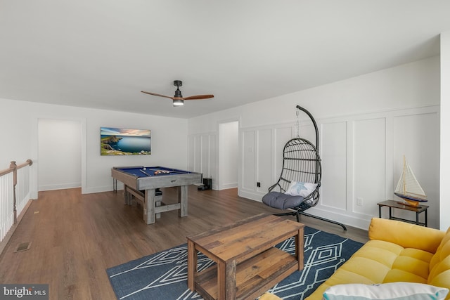 recreation room featuring ceiling fan, dark hardwood / wood-style flooring, and pool table