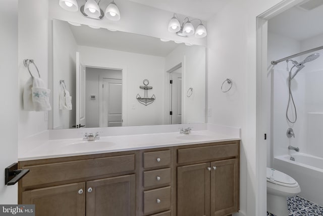 full bathroom featuring bathing tub / shower combination, vanity, and toilet