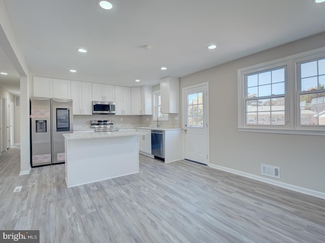 kitchen with white cabinets, decorative backsplash, light wood-type flooring, a kitchen island, and stainless steel appliances