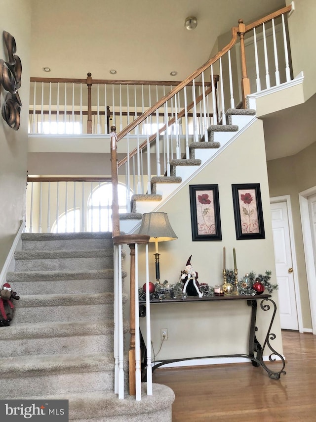 staircase with hardwood / wood-style flooring