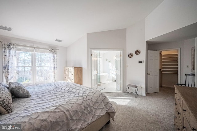 bedroom featuring vaulted ceiling, ensuite bath, a spacious closet, light carpet, and a closet