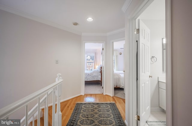 corridor with crown molding and light hardwood / wood-style flooring