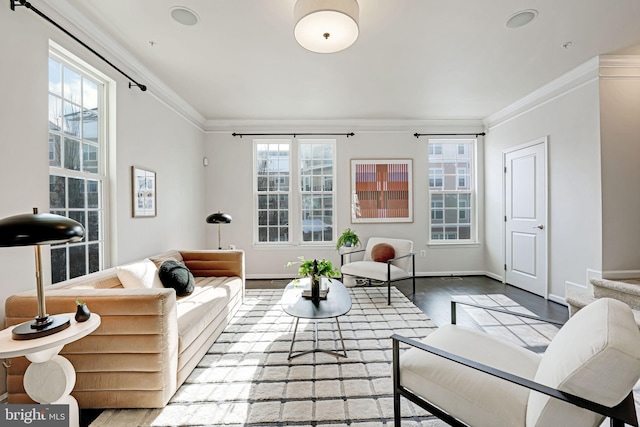 living room featuring crown molding and hardwood / wood-style floors