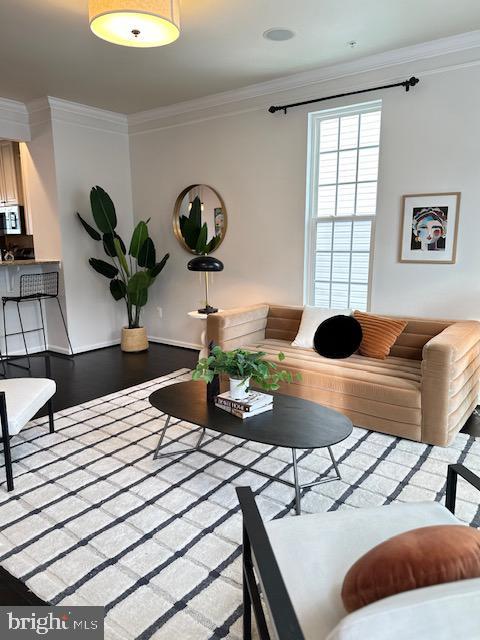 living room featuring wood-type flooring and ornamental molding