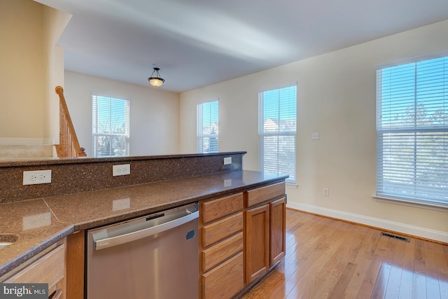 kitchen with dishwasher and light hardwood / wood-style floors