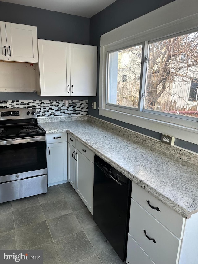 kitchen featuring decorative backsplash, white cabinets, light stone counters, electric stove, and dishwasher