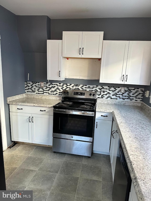 kitchen with dishwasher, range hood, electric stove, decorative backsplash, and white cabinets